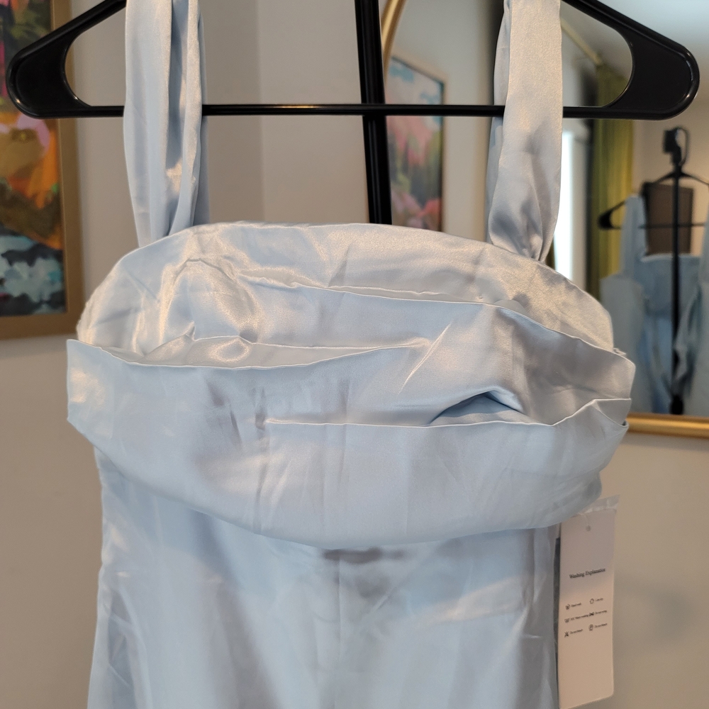 NWT Wear Your Love Light Blue Satin Off Shoulder Mini Dress Clear Straps Size 4 - Picture 3 of 6